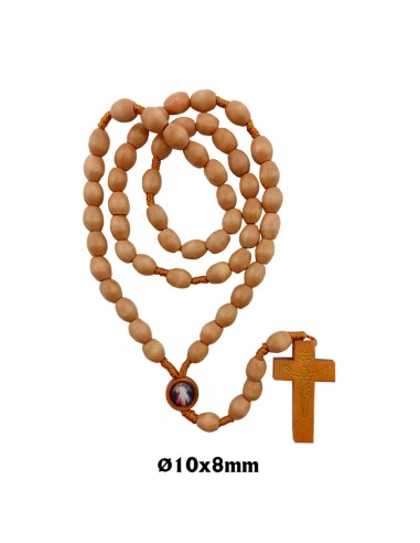 Rosario Madera Y Cuerda Oval 10x8mm Con Cristo Serigrafiado