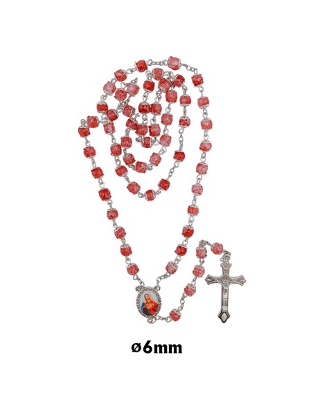 Rosario Cristal Rojo 6Mm Con Moteado Blanco Y Copetas