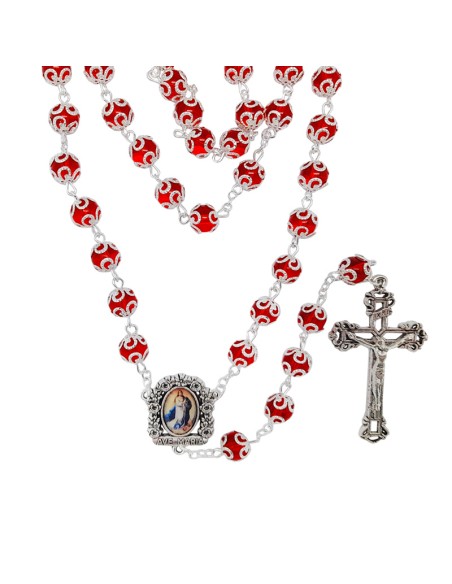 Rosario Cristal Liso 8Mm Rojo Con Copetas Tipo Flor