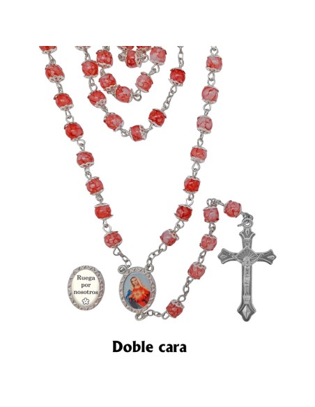 Rosario Cristal Rojo 6Mm Con Moteado Blanco Y Copetas