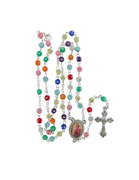 Rosario Plastico 5mm Multicolor Con Brillante En Caja Tipo Corazon