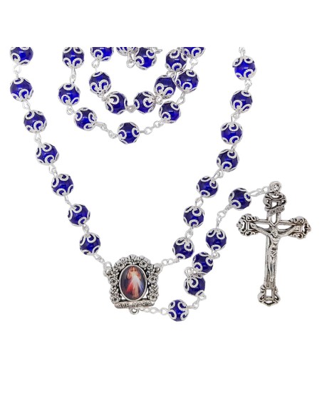 Rosario Cristal Liso 8Mm Azul Con Copetas Tipo Flor