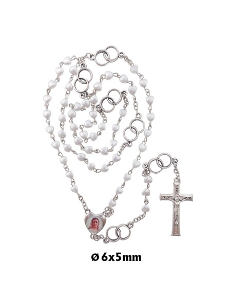 Rosario Plastico matrimonio corazones 6mm con anillos plateados