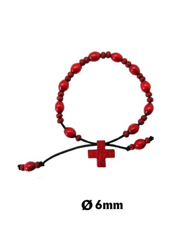 Pulsera Madera Roja Elastica Bola Ovalada 6mm Con Cruz
