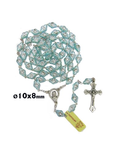 Rosario Plastico Tipo Rombo Celeste 10x8 MM Con Grabado Al Centro