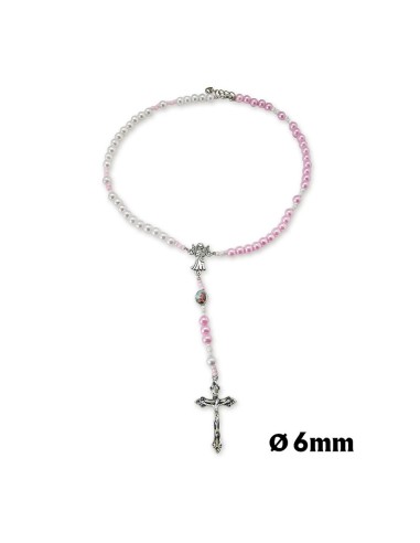 Rosario Collar Plastico Con Maria Angel Guarda Nizzzzza Dos Colores Blanco Y Rosa