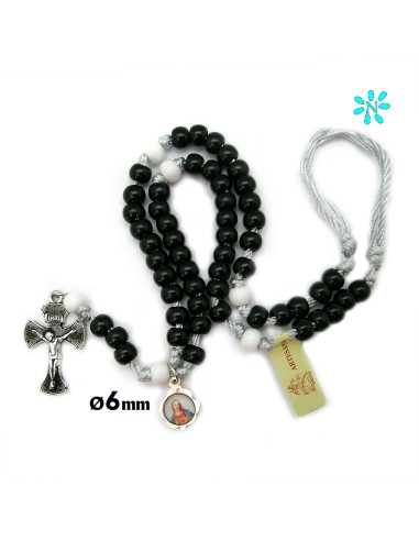 Rosario Plastico 8mm Negro Cuerda Gris Y Paters Blancos Con Cruz Esmaltada