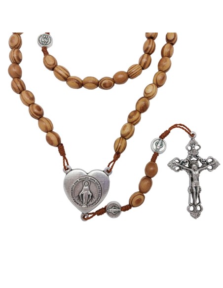 Rosario Madera Olivo Oval 10X8mm Virgen Milagrosa Maria Forma Corazon Y Paters