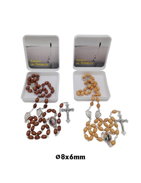 Rosario Madera Oval 8X6mm Del Peregrino Con Dos Pies En Los Paters