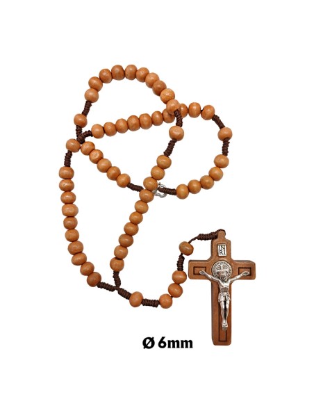 Rosario Collar Madera Cilindro 6Mm Con Cruz Y Medalla San Benito