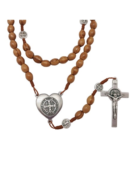 Rosario Madera Olivo Oval 10X8mm San Benito Maria Forma Corazon Con Cruz Y Paters