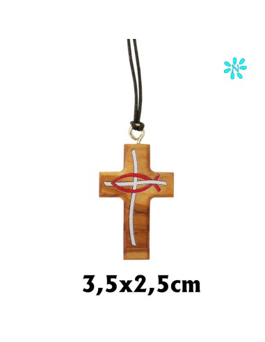 Cruz Madera 4x2.5cm Con Dibujo Pez Blanco Y Rojo