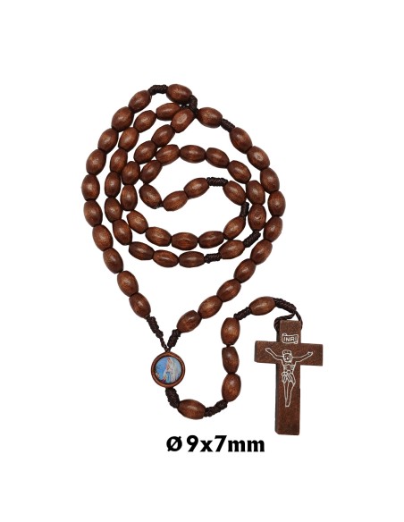 Rosario Madera Y Cuerda Oval 9X7mm Con Cristo Serigrafiado