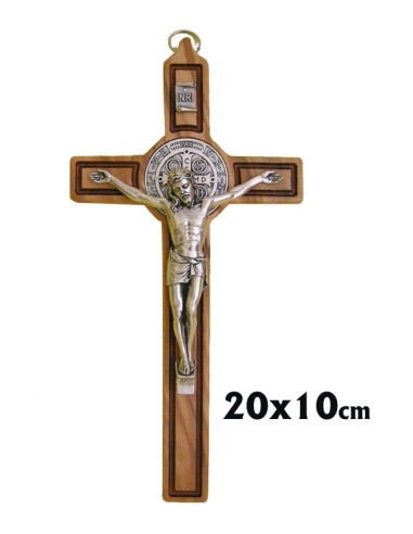 Cruz San Benito Madera 20x10cm Con Medalla Y Cristo Metal