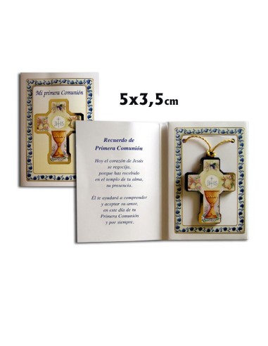 Cruz Madera En Estuche Primera Comunion Y Lamina Oro 50x35mm Cordon Blanco
