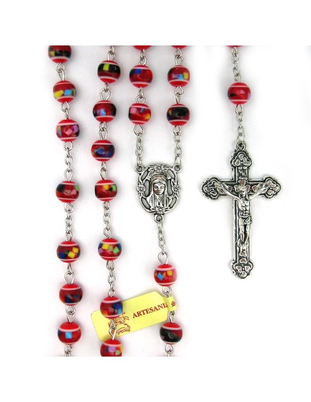 Rosario Plastico Redondo Rojo 8Mm Tipo Mosaico