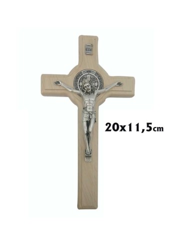 Crucifijo San Benito 20cm Madera Blanca Con Medallas En Caja