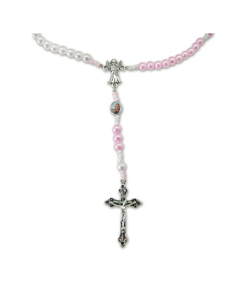 Rosario Collar Plastico Con Maria Angel Guarda Niña Dos Colores Blanco Y Rosa