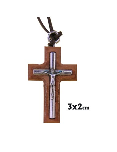 Cruz Madera Olivo 3x2cm Con Cruz Metal Interna Con Cristo Y Cordon Marron