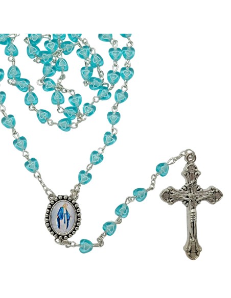 Rosario Plastico Corazon Azul Celeste 6Mm Con Corazon Blanco Interno