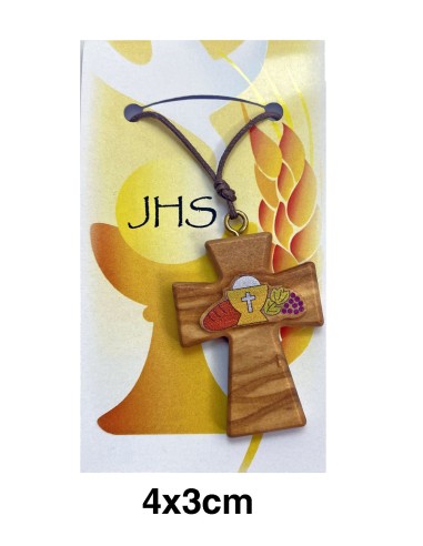 Cruz Madera Olivo Pintada Primera Comunion 4x3cm Relieve