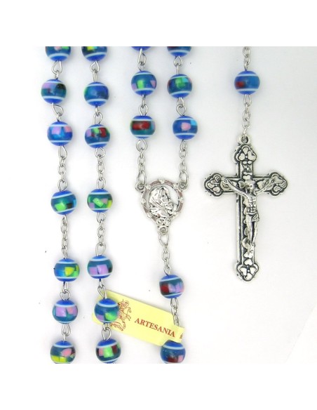 Rosario Plastico Redondo Azul 8Mm Tipo Mosaico