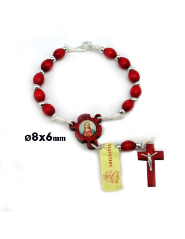 Decena Madera Roja 8x6mm Cuerda Bolitas Metal Cruz Cristo Mosqueton