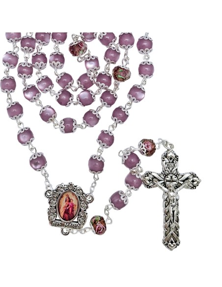 Rosario Resina Liso 8Mm Morado Paters Cristal Con Rosa Interna Y Todo Copetas