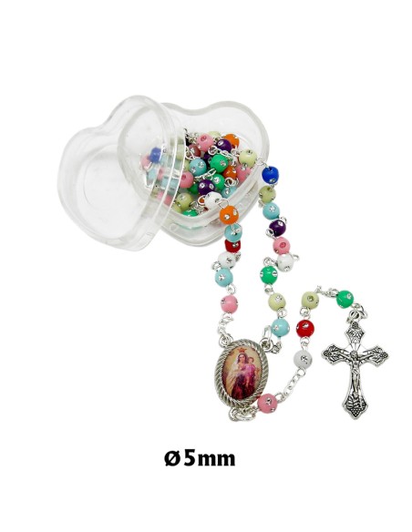 Rosario Plastico 5Mm Multicolor Con Brillante En Caja Tipo Corazon