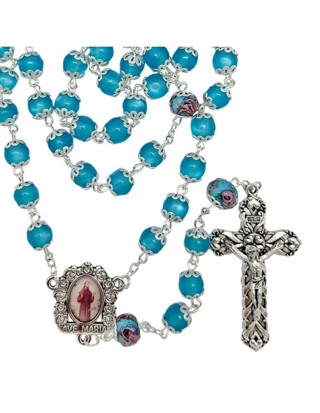 Rosario Resina Liso 8Mm Celeste Paters Cristal Con Rosa Interna Y Todo Copetas