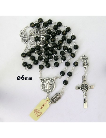 Rosario Plastico San Benito 6Mm Negro Con Hilos Dorados