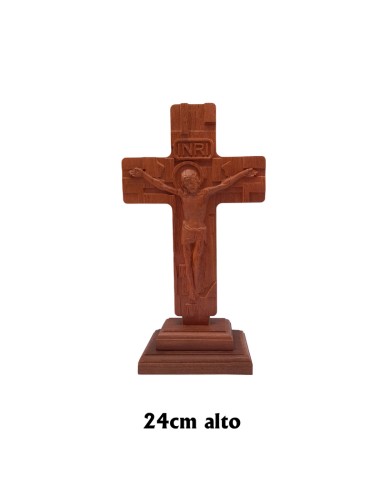 Cruz Madera Base Oscura Cristo Relieve 23x13cm Mosaico Detras Base Separada