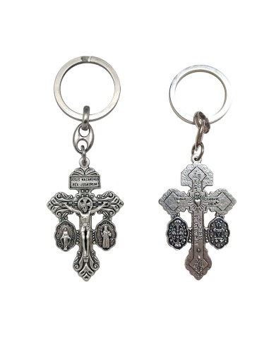 Llavero Cruz Metal del Perdon 2 caras con Medallas Virgen Milagrosa y San Benito