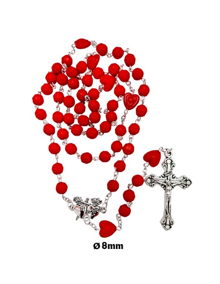 Rosario Plastico tallado rojo 8mm Sagrados Corazones y paters corazon 11mm