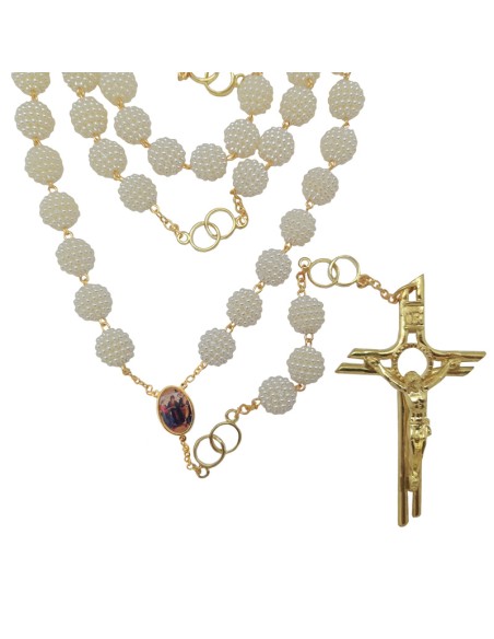 Rosario Perla Blanca 12Mm Del Matrimonio Dorado Paters Con Doble Anillo