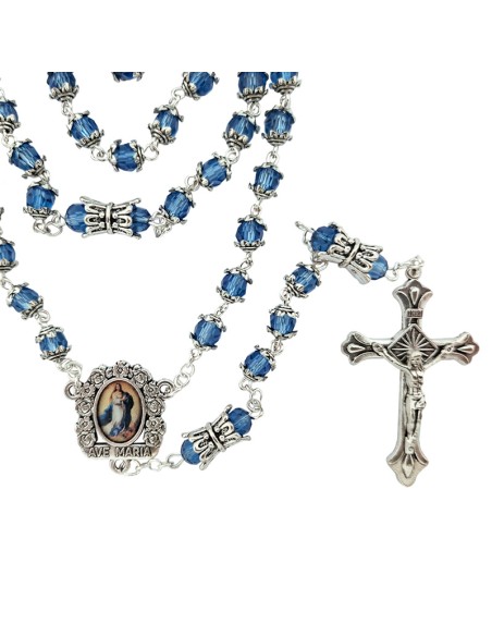 Rosario Cristal Tallado 6Mm Azul Con Copetas Y Paters Doble Metal
