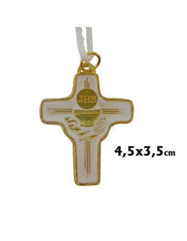 Cruz Primera Comunion Dorada Con Esmalte Blanco 45x35mm Y Cordon