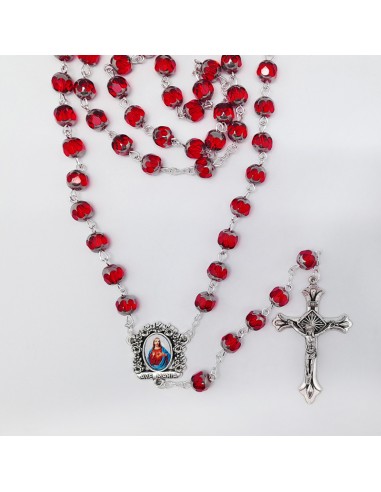 Rosario Cristal Tallado Rojo 8mm Baño Niquelado En Copeta