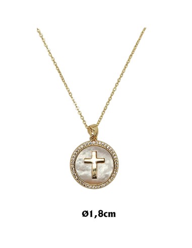 Medalla nacar y acero dorado 2cm cruz dorada con zirconitas en borde y cadena