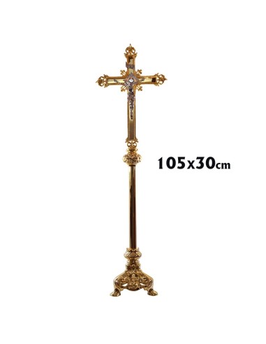 Cruz Altar 105cm Base Triangular Doble Nudo Baño Oro 24k