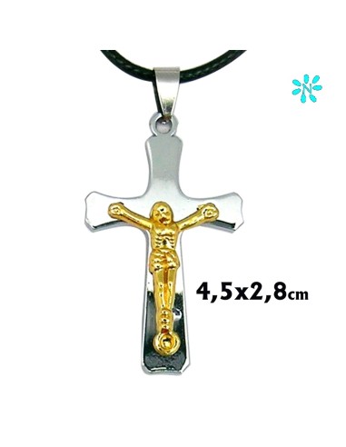 Cruz Colgante Acero Plana 4. 5x2. 8cm Con Cristo Dorado Relieve