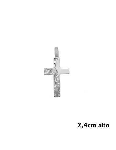 Cruz Plata Rodiada Mitad Lisa Y Mitad Irregular Argolla Fina 24 MM