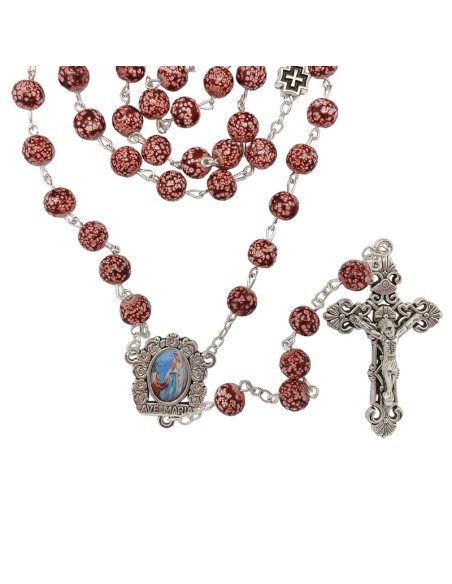 Rosario Cristal 8mm Rojo Con Blanco Estilo Marmol Y Cruz Metal Paters