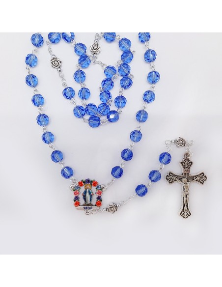 Rosario Cristal Virgen Milagrosa Tallado Azul 8mm Paters Rosa Metal Maria A Colores