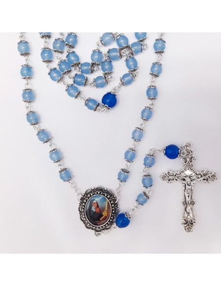 Rosario Cristal Celeste Tipo Piedra Liso 6mm Con Copetas Paters Azules 8mm