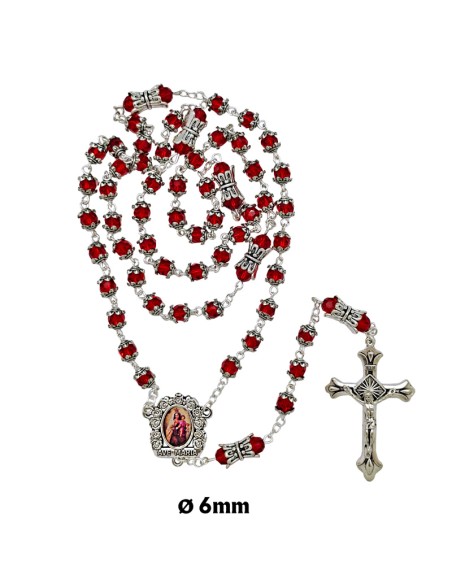 Rosario Cristal tallado 6mm rojo con copetas y paters doble metal