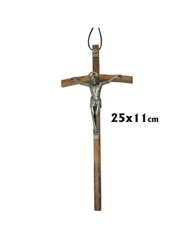 Crucifijo Madera Olivo Fino 25cm Cristo Con Corona Redonda Dorada