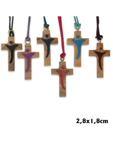 Cruz Madera Olivo 28x18mm Con Cristo Moderno A Color En Relieve