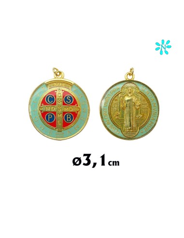Medalla Metal San Benito A Color 31mm Dorada Con Esmalte Cristal A Dos Caras