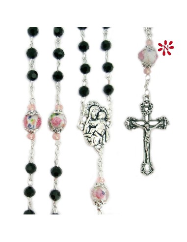 Rosario Cristal Tallado 6mm Negro Pater 10mm Con Rosa Interna